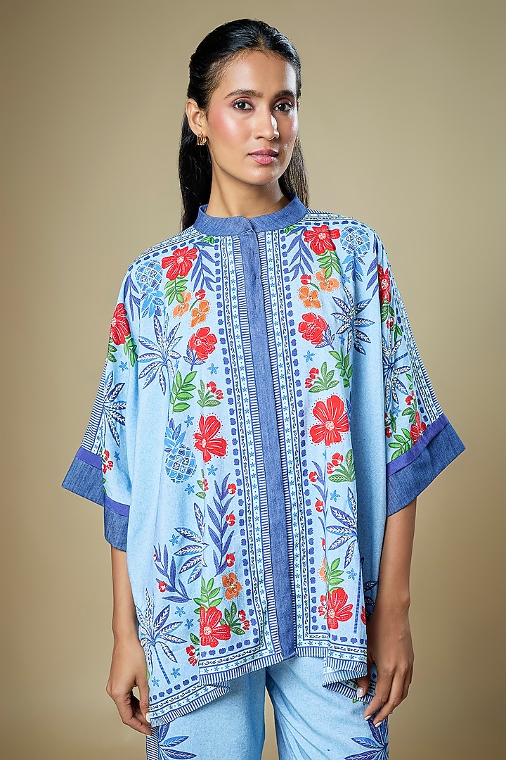 Blue Cotton Twill Floral Printed Co-Ord Set by Soup by Sougat Paul at Pernia's Pop Up Shop