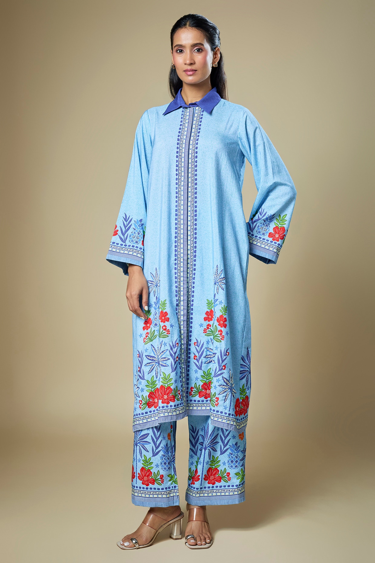 Soup by Sougat Paul Light Blue Cotton Twill Floral Printed Kurta Set