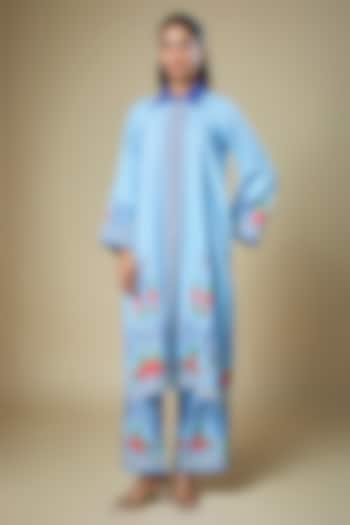 Light Blue Cotton Twill Floral Printed Kurta Set by Soup by Sougat Paul at Pernia's Pop Up Shop