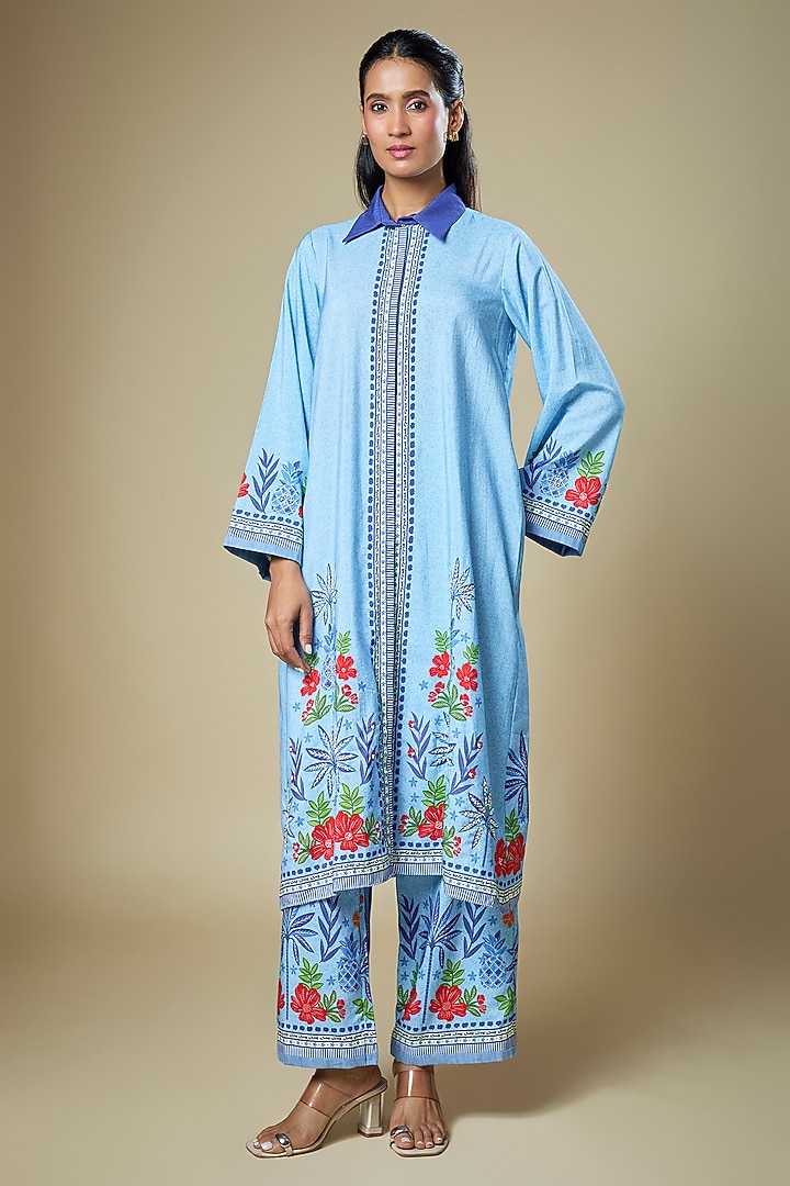 Light Blue Cotton Twill Floral Printed Kurta Set by Soup by Sougat Paul at Pernia's Pop Up Shop