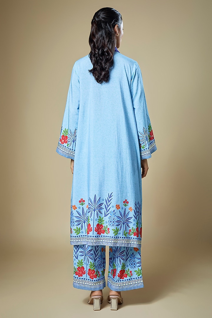Light Blue Cotton Twill Floral Printed Kurta Set by Soup by Sougat Paul at Pernia's Pop Up Shop