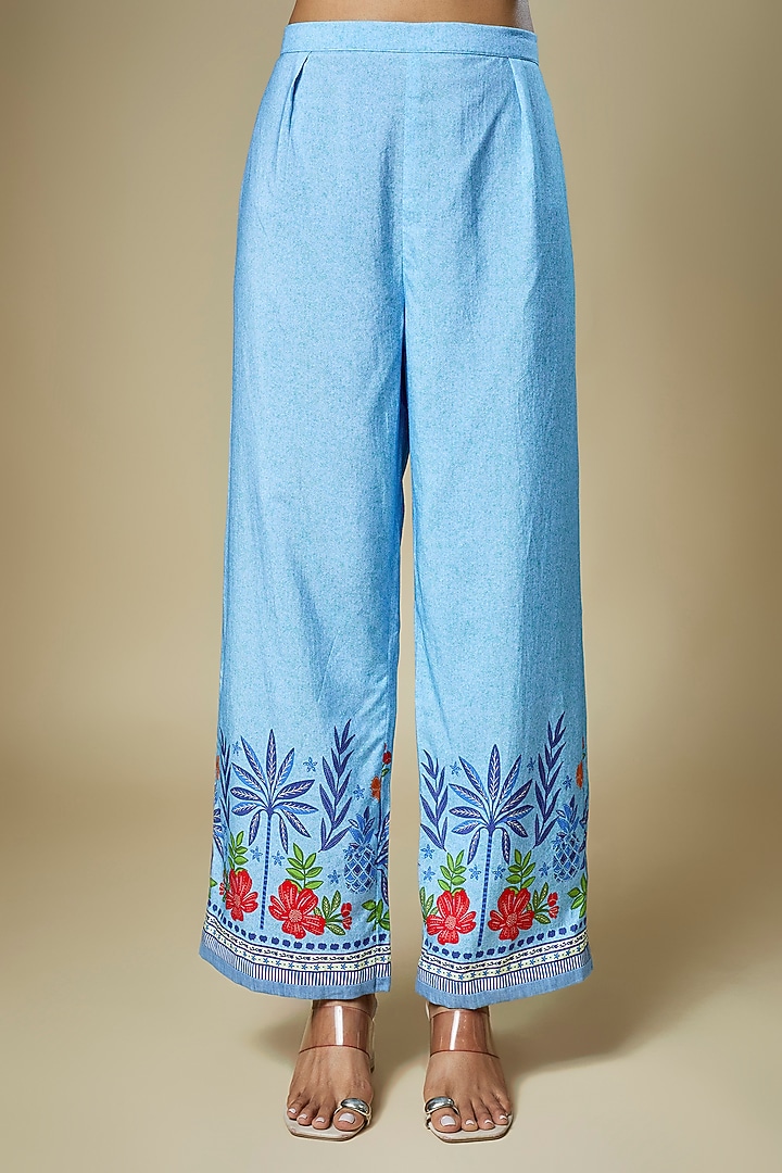 Light Blue Cotton Twill Floral Printed Kurta Set by Soup by Sougat Paul at Pernia's Pop Up Shop