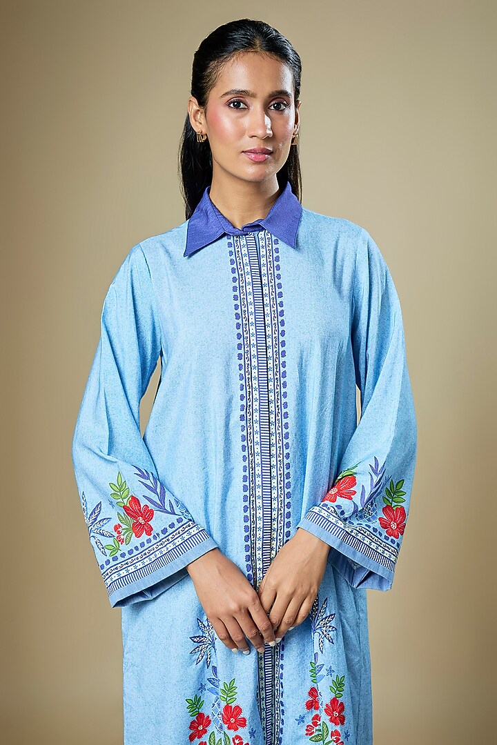 Light Blue Cotton Twill Floral Printed Kurta Set by Soup by Sougat Paul at Pernia's Pop Up Shop