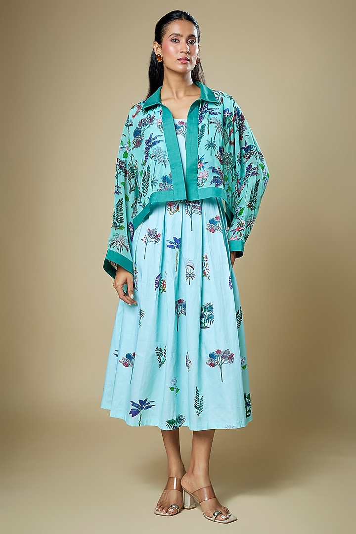 Green Cotton Silk Floral Printed Jacket Vacation Dress by Soup by Sougat Paul at Pernia's Pop Up Shop