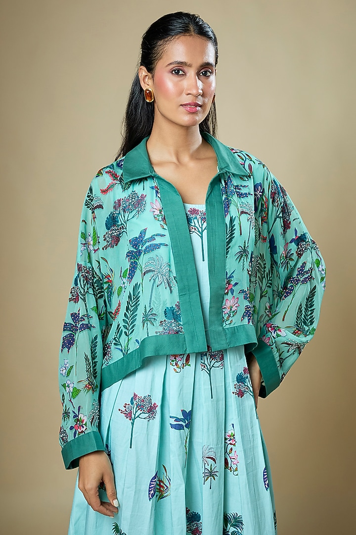 Green Cotton Silk Floral Printed Jacket Vacation Dress by Soup by Sougat Paul at Pernia's Pop Up Shop