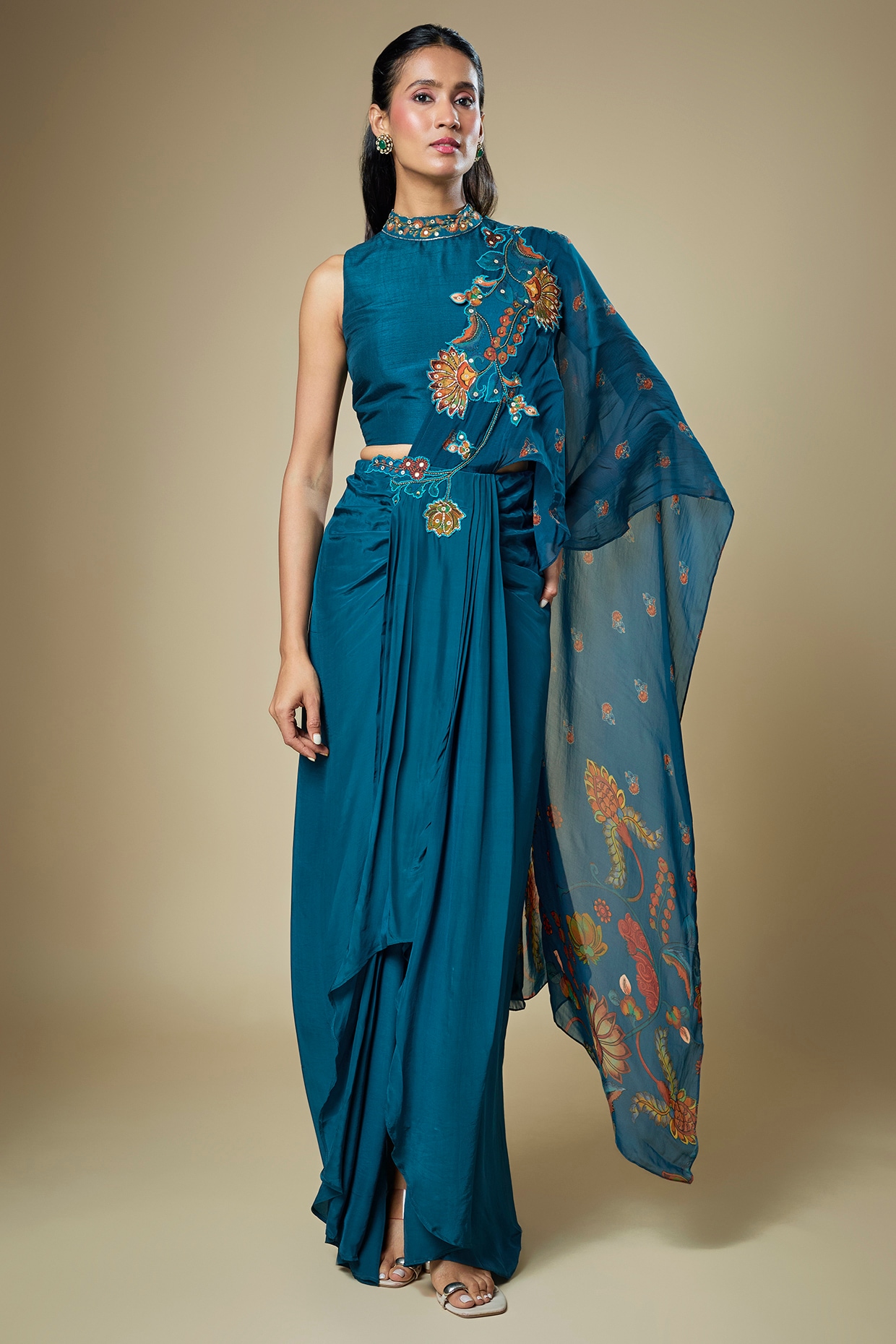 Soup by Sougat Paul Dark Blue Crepe Applique Embroidered Pre-Stitched Saree Set