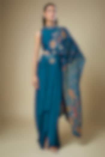 Dark Blue Crepe Applique Embroidered Pre-Stitched Party Wear Saree Set by Soup by Sougat Paul at Pernia's Pop Up Shop