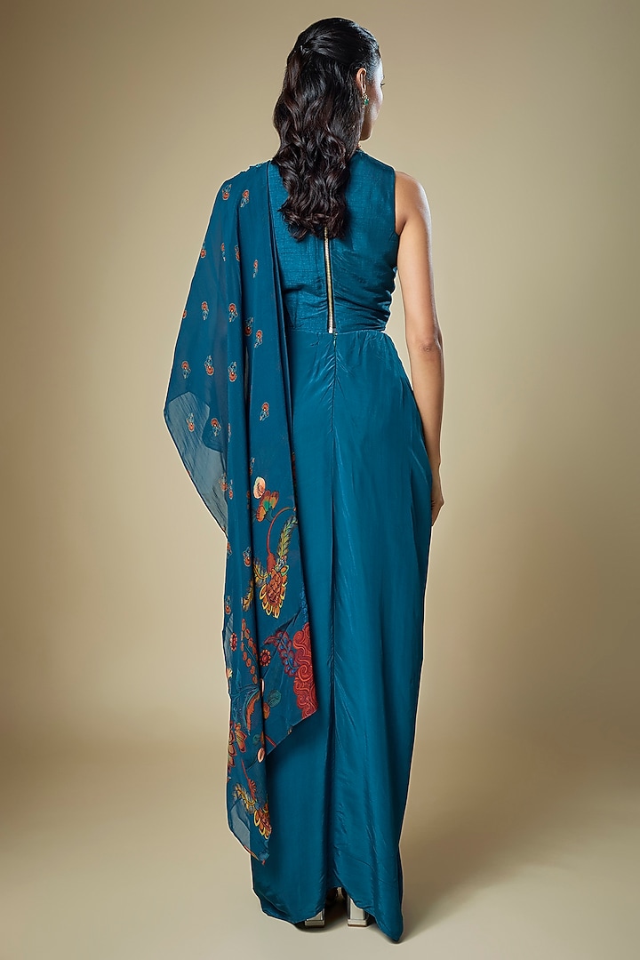 Dark Blue Crepe Applique Embroidered Pre-Stitched Party Wear Saree Set by Soup by Sougat Paul at Pernia's Pop Up Shop