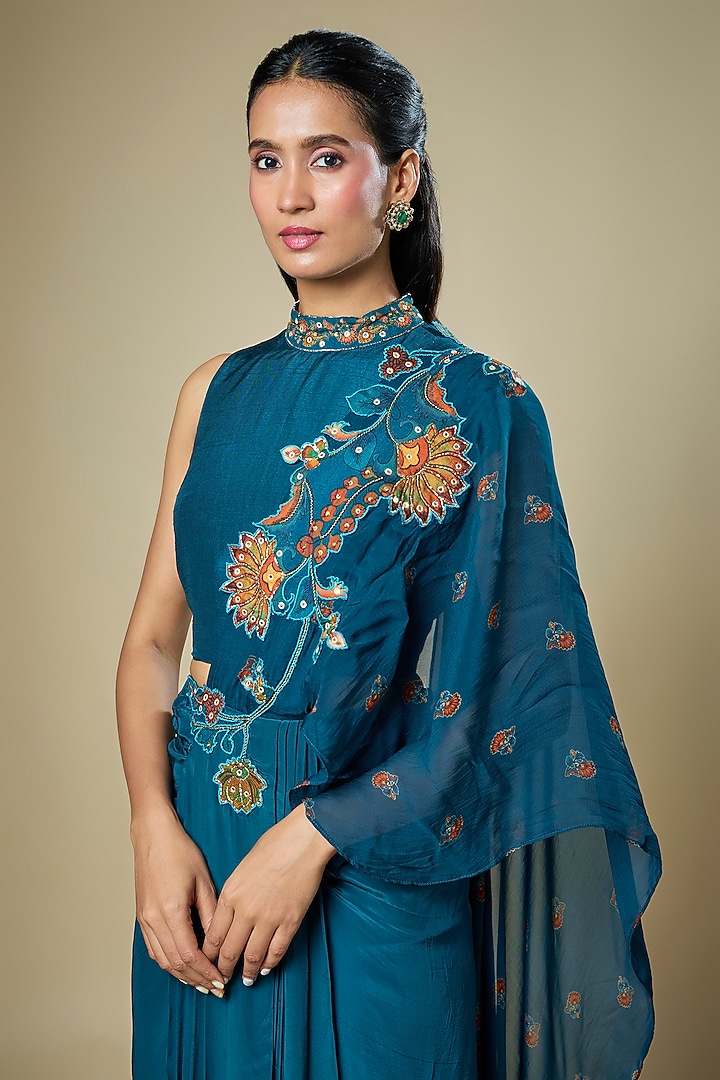 Dark Blue Crepe Applique Embroidered Pre-Stitched Party Wear Saree Set by Soup by Sougat Paul at Pernia's Pop Up Shop