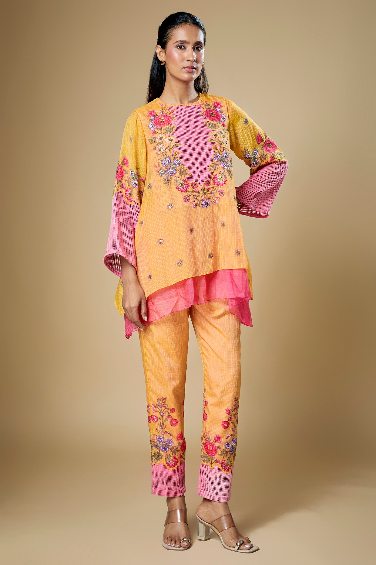 Soup by Sougat Paul Orange & Pink Silk Net Embroidered Co-Ord Set