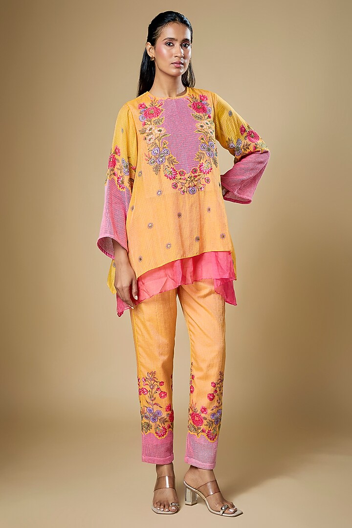 Orange & Pink Silk Net Embroidered Co-Ord Set by Soup by Sougat Paul at Pernia's Pop Up Shop