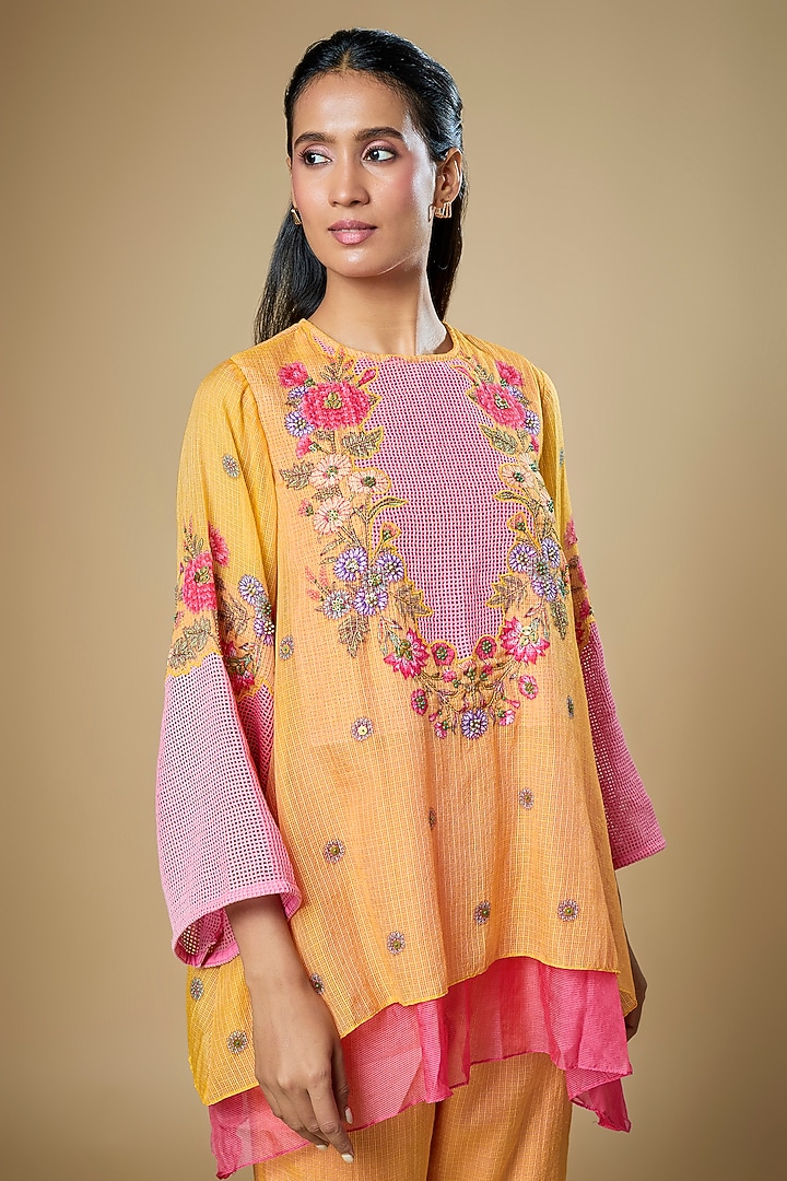 Orange & Pink Silk Net Embroidered Co-Ord Set by Soup by Sougat Paul at Pernia's Pop Up Shop