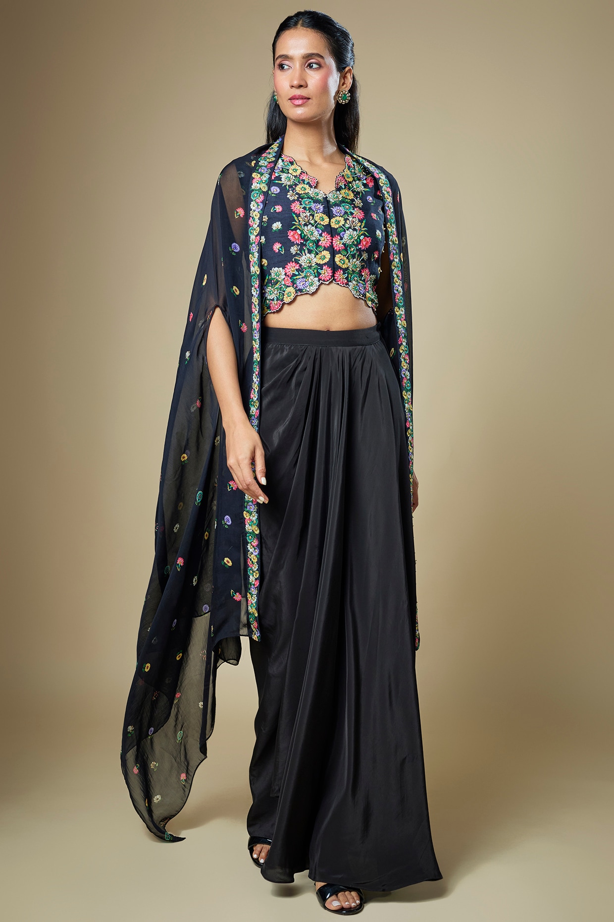 Soup by Sougat Paul Black Silk Draped Skirt Set