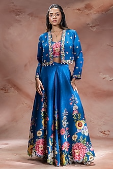 Teal Blue Silk Embroidered Lehenga Set by Soup by Sougat Paul-POPULAR PRODUCTS AT STORE
