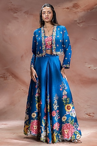 Teal Blue Silk Embroidered Lehenga Set by Soup by Sougat Paul