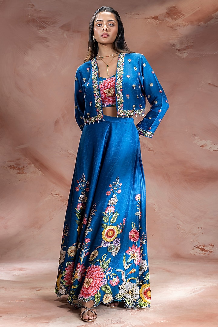 Teal Blue Silk Embroidered Wedding Lehenga Set by Soup by Sougat Paul at Pernia's Pop Up Shop