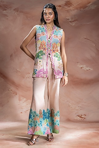 Pink Malaysian Silk Embroidered Co-Ord Set by Soup by Sougat Paul