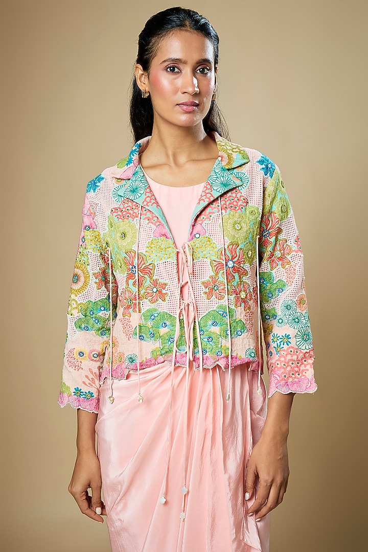 Pink Crepe Draped Jacket Vacation Dress by Soup by Sougat Paul at Pernia's Pop Up Shop