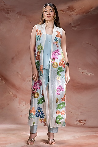 Off-White & Sky Blue Chanderi Co-Ord Set by Soup by Sougat Paul