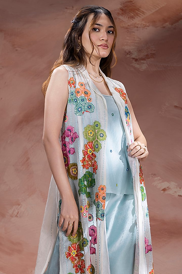 Off-White & Sky Blue Chanderi Co-Ord Set by Soup by Sougat Paul at Pernia's Pop Up Shop