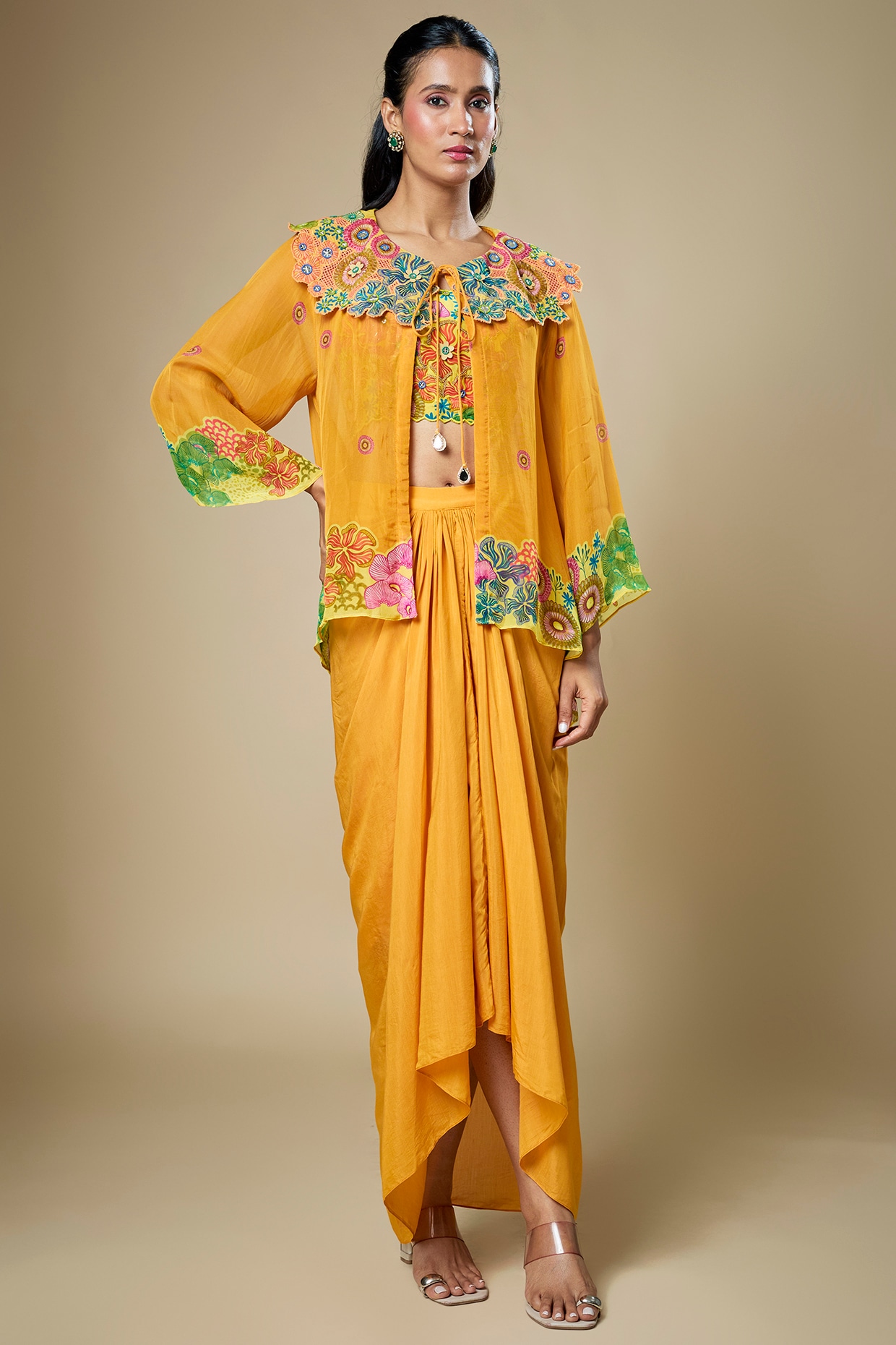 Soup by Sougat Paul Yellow Crepe Draped Skirt Set
