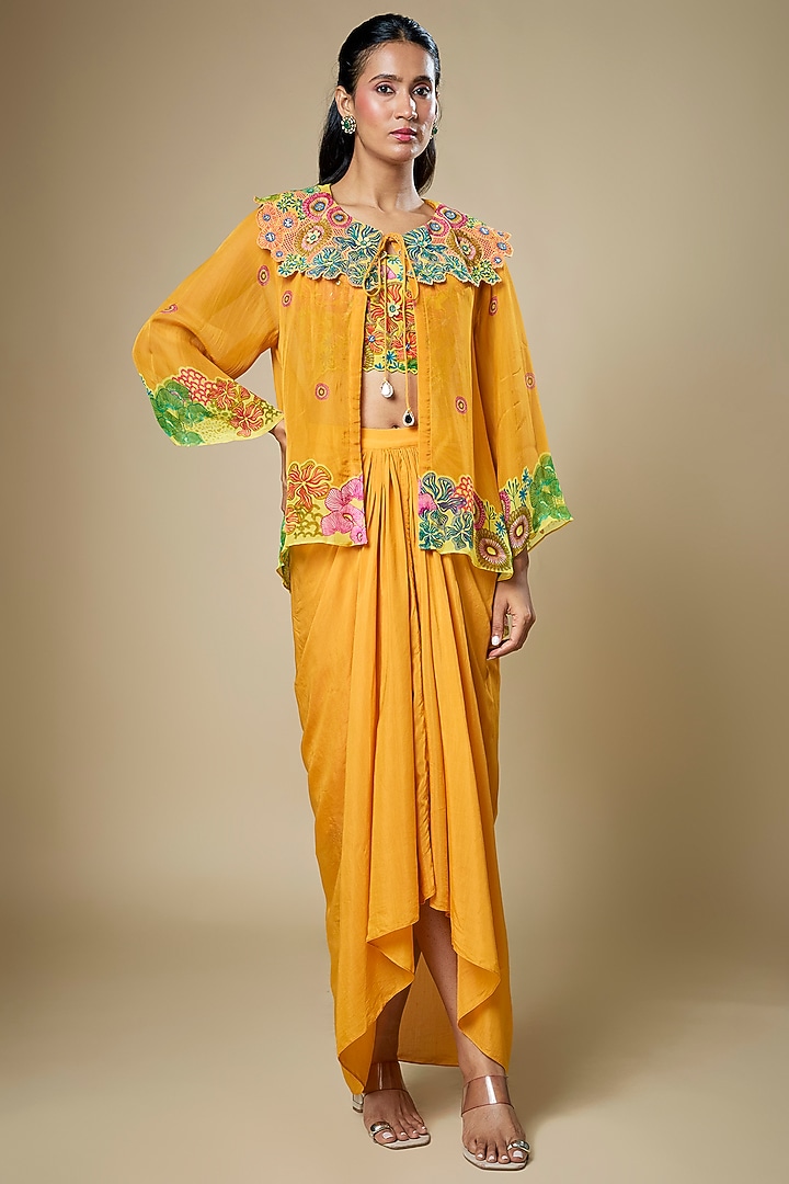 Yellow Crepe Draped Skirt Set by Soup by Sougat Paul at Pernia's Pop Up Shop