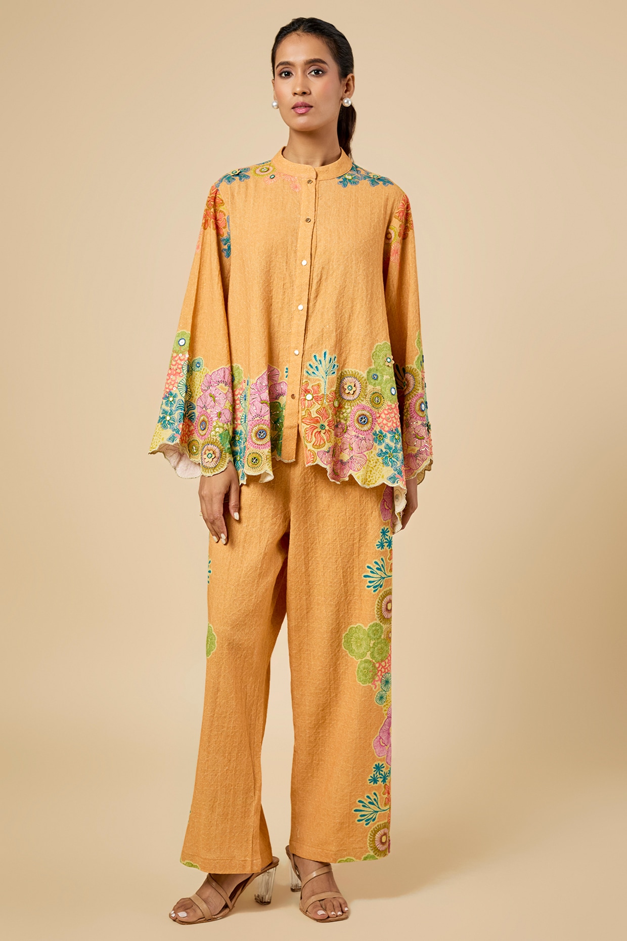Soup by Sougat Paul Yellow Khadi Cotton Hand Embroidered & Placement Printed Kurta Set