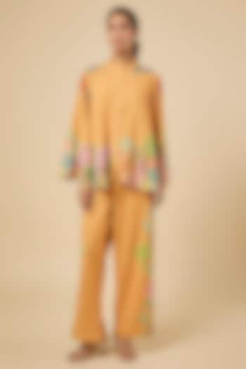 Yellow Khadi Cotton Hand Embroidered & Placement Printed Kurta Set by Soup by Sougat Paul at Pernia's Pop Up Shop