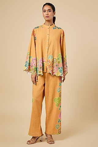 Yellow Khadi Cotton Hand Embroidered & Placement Printed Kurta Set by Soup by Sougat Paul
