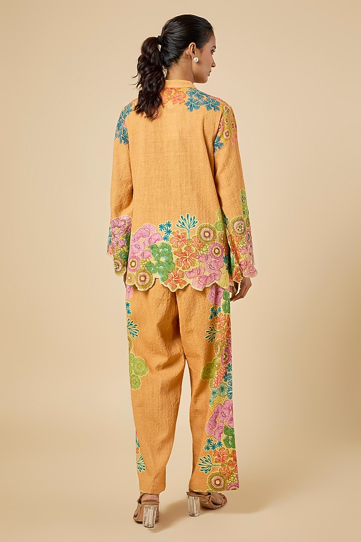 Yellow Khadi Cotton Hand Embroidered & Placement Printed Kurta Set by Soup by Sougat Paul at Pernia's Pop Up Shop
