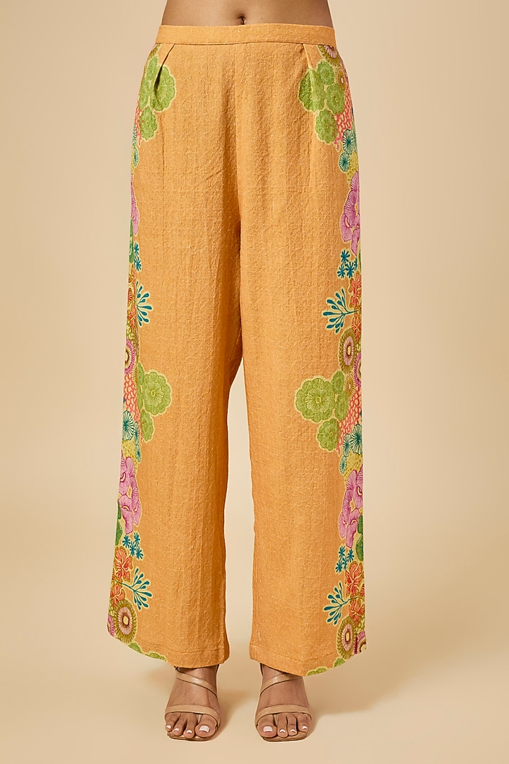Yellow Khadi Cotton Hand Embroidered & Placement Printed Kurta Set by Soup by Sougat Paul at Pernia's Pop Up Shop