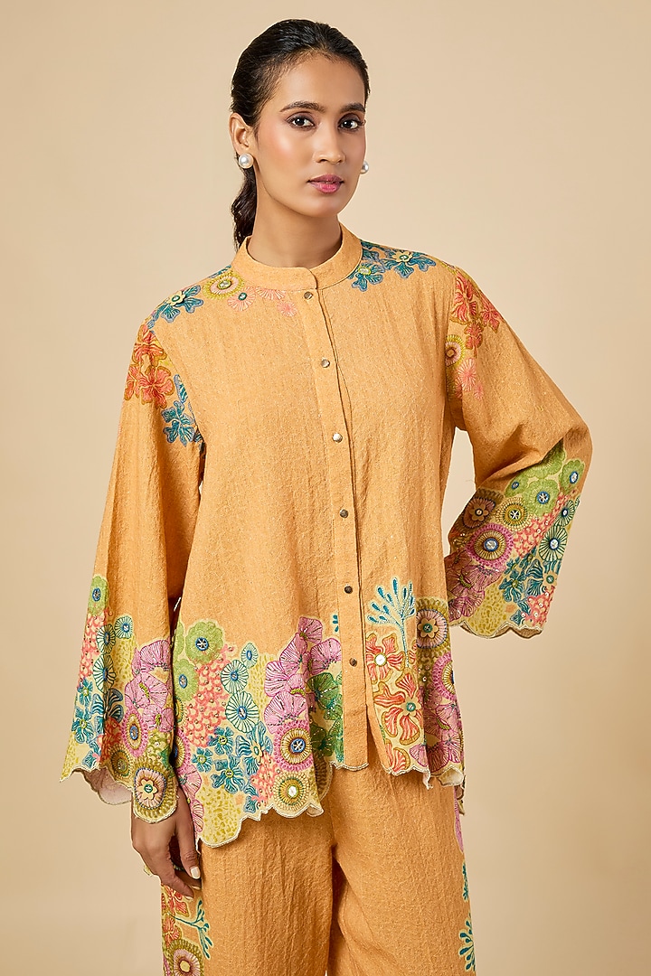 Yellow Khadi Cotton Hand Embroidered & Placement Printed Kurta Set by Soup by Sougat Paul at Pernia's Pop Up Shop