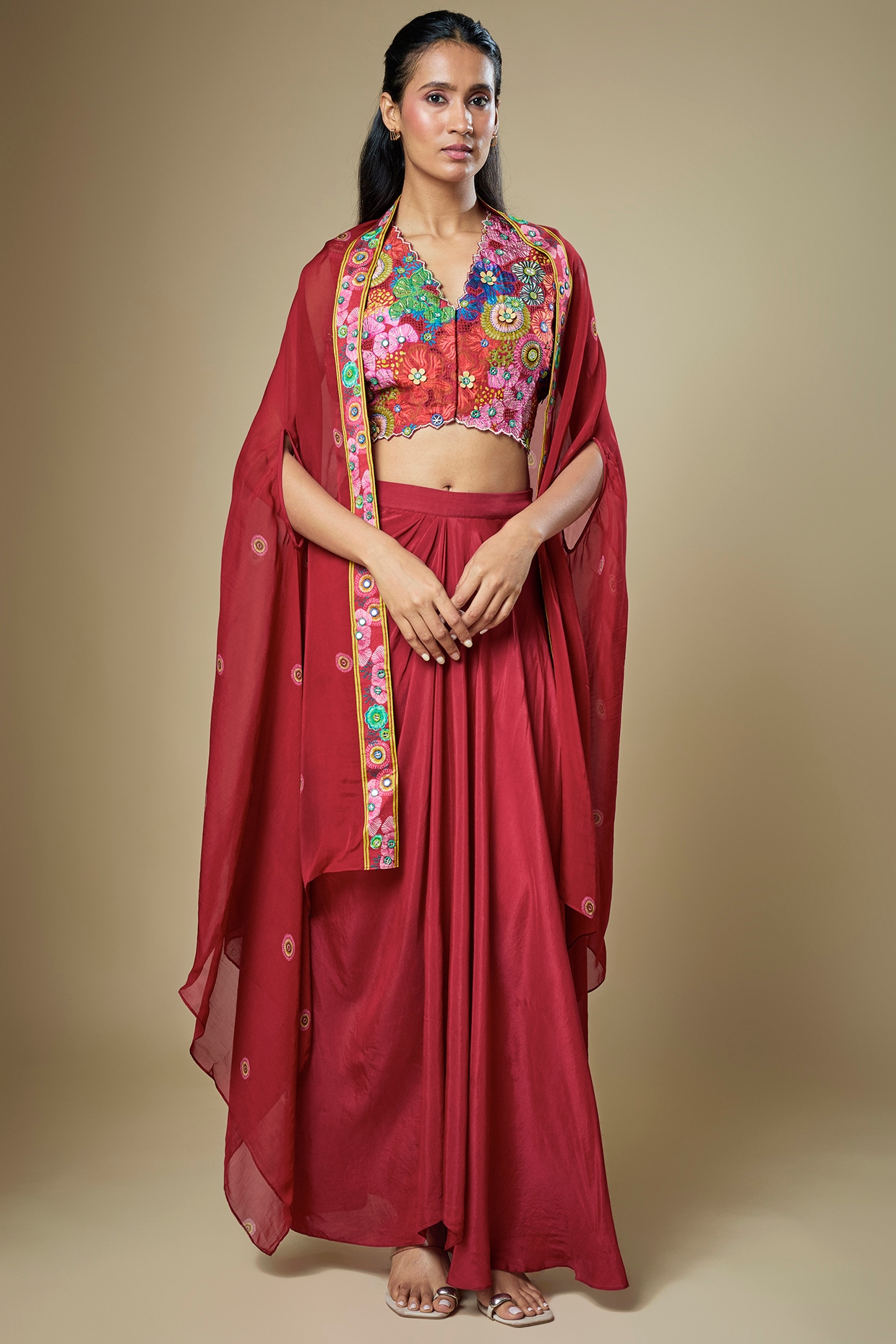 Soup by Sougat Paul Red Crepe Draped Skirt Set