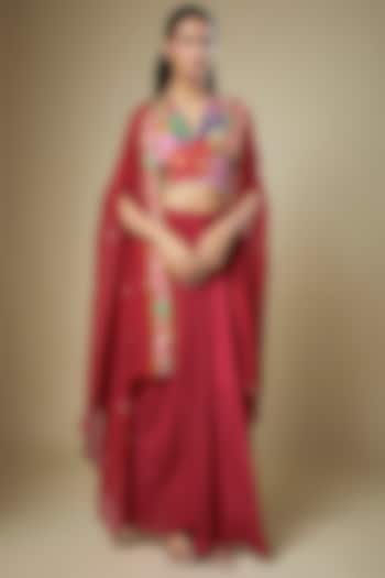 Red Crepe Draped Skirt Set by Soup by Sougat Paul at Pernia's Pop Up Shop