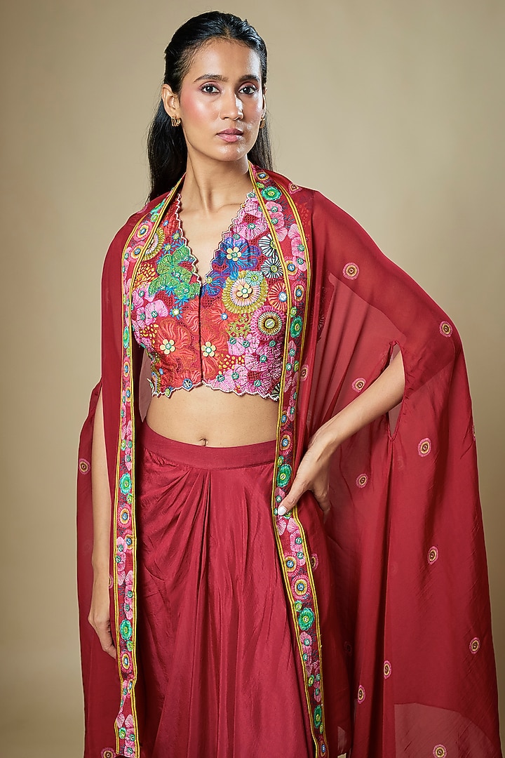 Red Crepe Draped Skirt Set by Soup by Sougat Paul at Pernia's Pop Up Shop