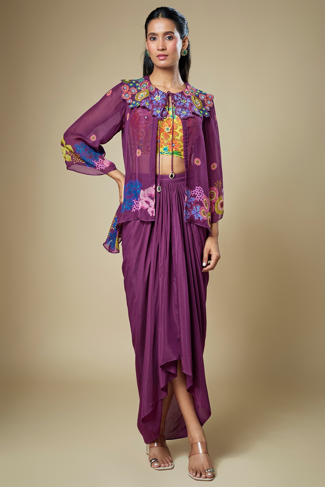 Soup by Sougat Paul Purple Crepe Draped Skirt Set