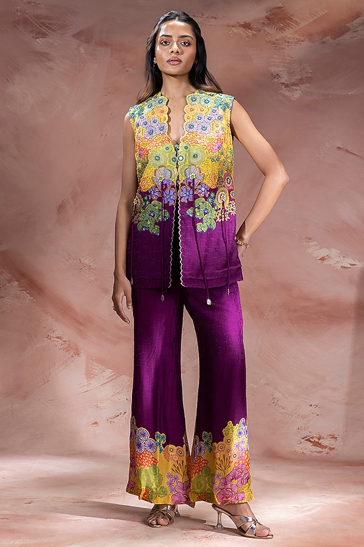Purple & Yellow Malaysian Silk Embroidered Co-Ord Set by Soup by Sougat Paul at Pernia's Pop Up Shop