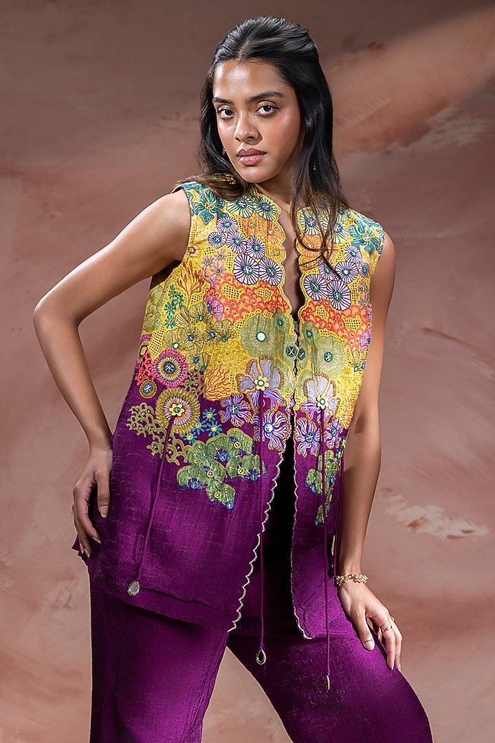 Purple & Yellow Malaysian Silk Embroidered Co-Ord Set by Soup by Sougat Paul at Pernia's Pop Up Shop