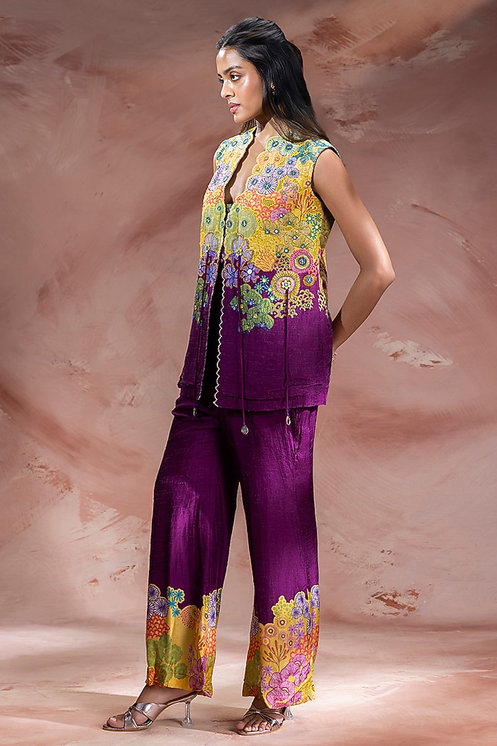 Purple & Yellow Malaysian Silk Embroidered Co-Ord Set by Soup by Sougat Paul at Pernia's Pop Up Shop