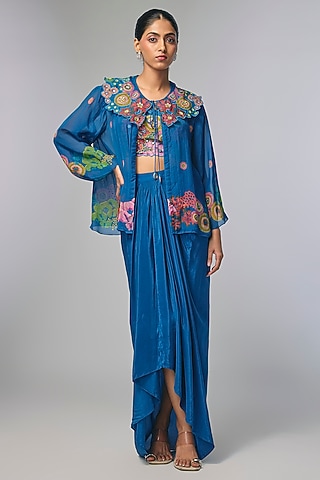 Blue Organza Embroidered Cape Set by Soup by Sougat Paul
