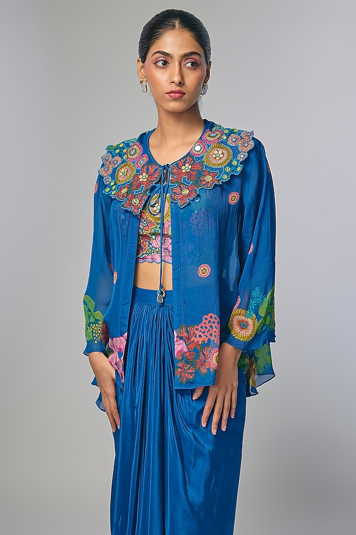 Blue Organza Embroidered Cape Set by Soup by Sougat Paul at Pernia's Pop Up Shop