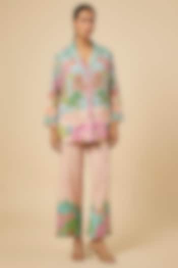 Pink Khadi Cotton Hand Embroidered & Placement Printed Blazer Set by Soup by Sougat Paul at Pernia's Pop Up Shop