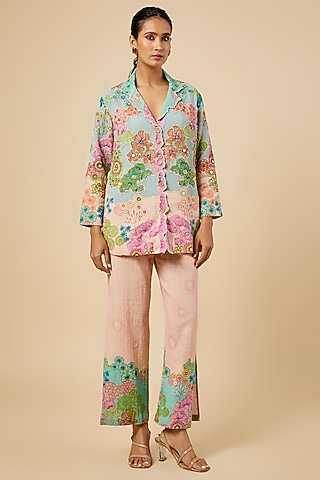 Pink Khadi Cotton Hand Embroidered & Placement Printed Blazer Set by Soup by Sougat Paul