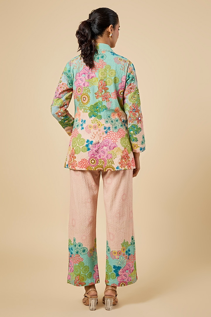 Pink Khadi Cotton Hand Embroidered & Placement Printed Blazer Set by Soup by Sougat Paul at Pernia's Pop Up Shop