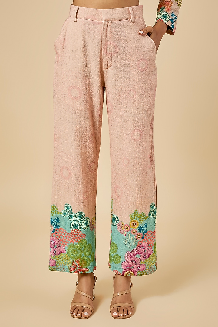Pink Khadi Cotton Hand Embroidered & Placement Printed Blazer Set by Soup by Sougat Paul at Pernia's Pop Up Shop