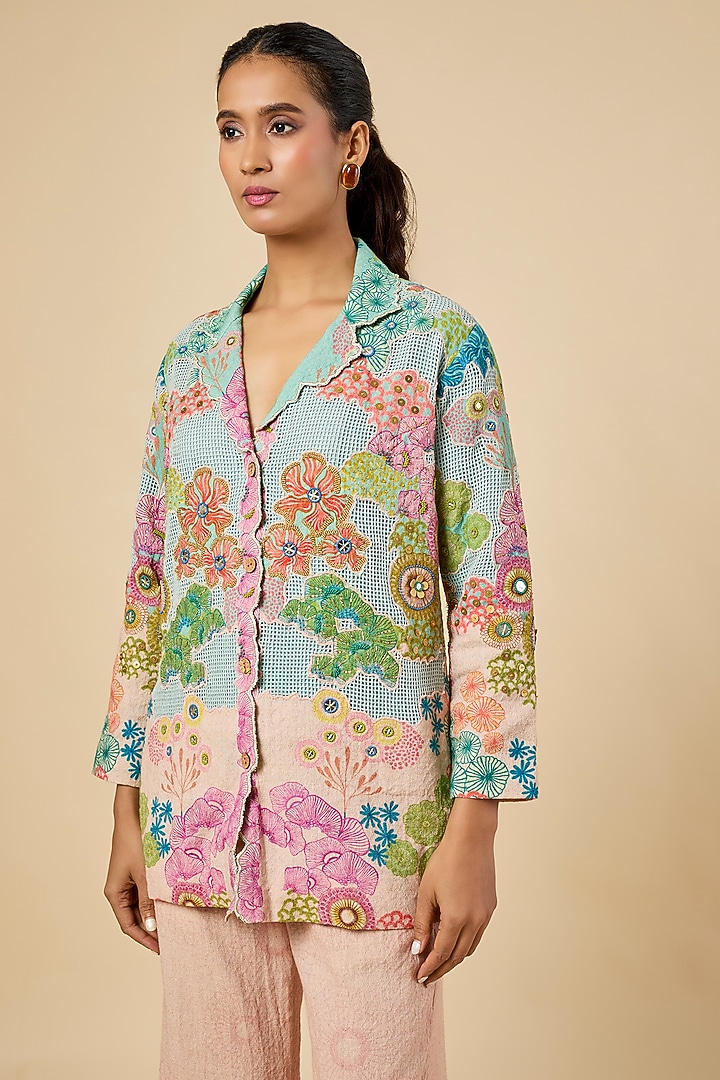 Pink Khadi Cotton Hand Embroidered & Placement Printed Blazer Set by Soup by Sougat Paul at Pernia's Pop Up Shop