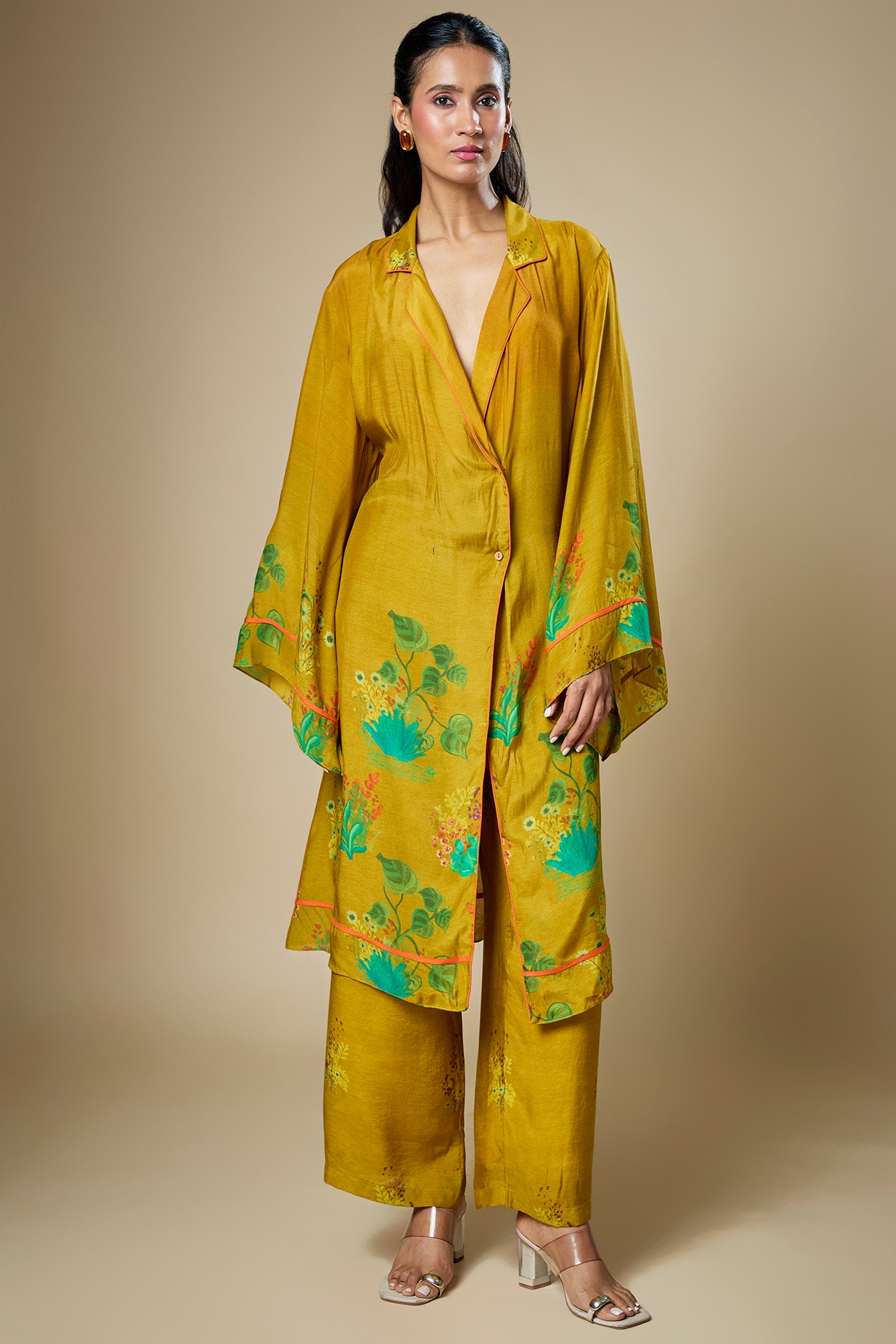 Soup by Sougat Paul Dark Mustard Flat Chiffon Embellished Kurta Set
