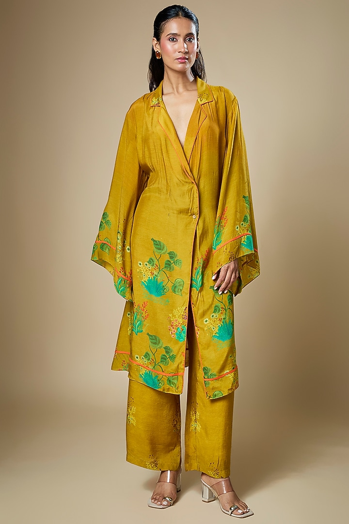 Dark Mustard Flat Chiffon Embellished Kurta Set by Soup by Sougat Paul at Pernia's Pop Up Shop