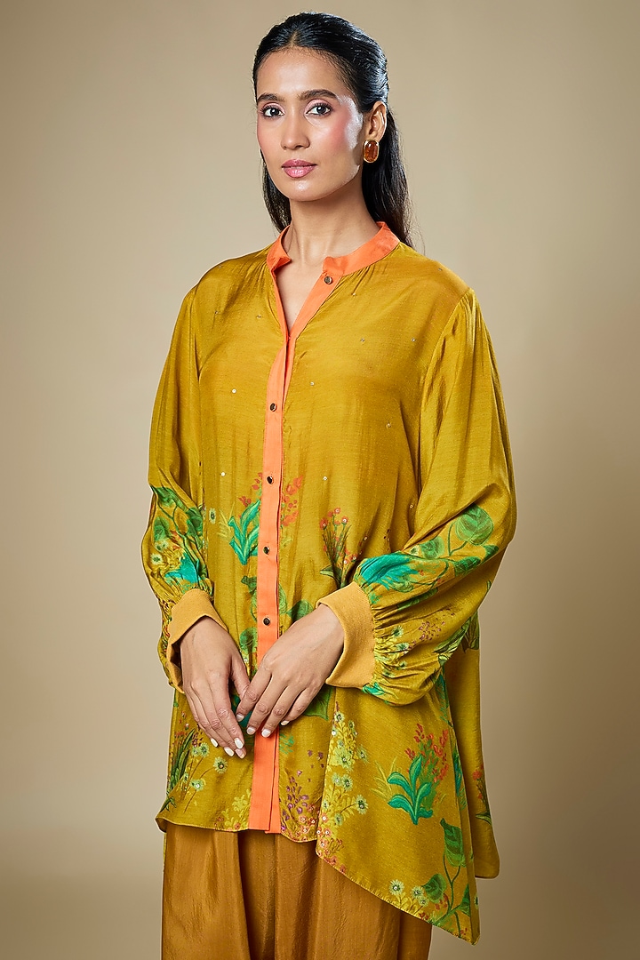 Dark Mustard Flat Chiffon Embellished Kurta Set by Soup by Sougat Paul at Pernia's Pop Up Shop