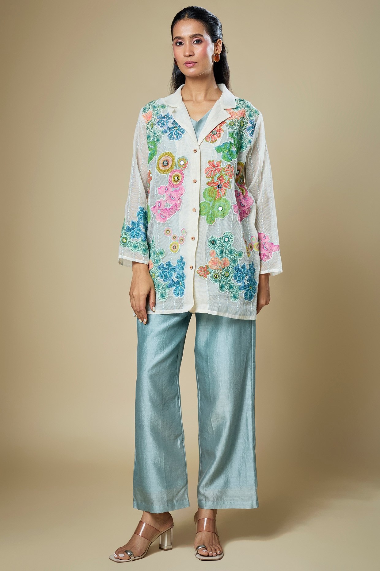 Soup by Sougat Paul Multi-Colored Handloom Net Applique Embroidered Co-Ord Set
